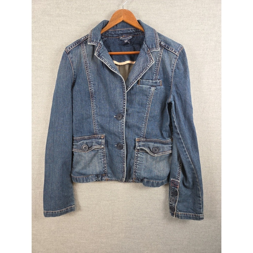 Gap Distressed Stretch Denim Jacket Size 6 Vintage 2004‎ Retro Boho Grunge Y2K